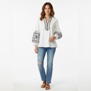 CHICO’S Cotton Poplin Embroidered and Beaded Balloon Sleeve Boho Blouse US Sz 2